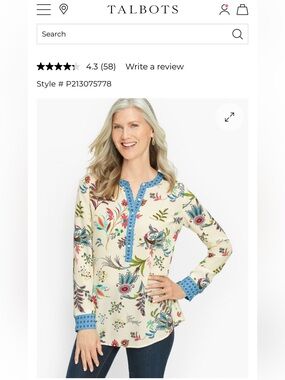 Talbots Ivory Floral Tunic with Blue Trim NWT